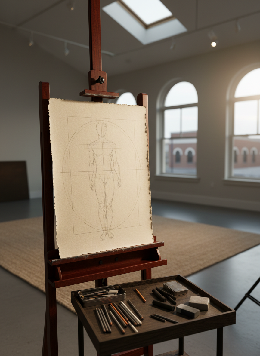 A polished wooden easel stands at the center of a quiet, refined studio, holding a large sheet of creamy drawing paper covered with delicate charcoal lines suggesting classical figure proportions, without any explicit human form. Around it, a curated assortment of graphite sticks, vine charcoal, and kneaded erasers rests neatly on a dark oak taboret. Soft, diffused overhead studio lighting and a single directional spotlight create subtle highlights on the paper’s tooth and muted shadows across the floor. Captured in photographic realism from an eye-level angle with a shallow depth of field, the focus lingers on the textures of paper and tools. The atmosphere is sophisticated, contemplative, and gently cinematic, evoking the anticipation of a live figure drawing session in Huntsville without showing any people.