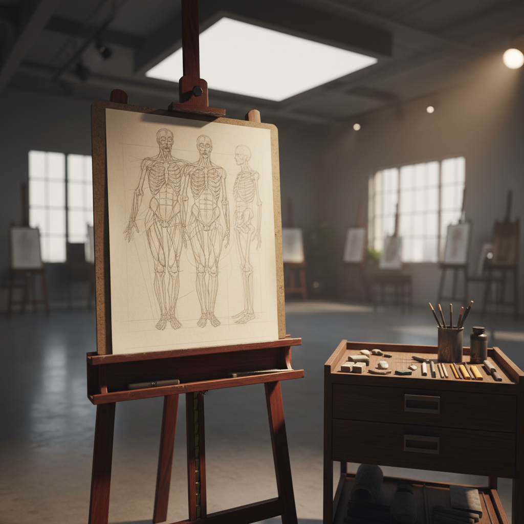 A polished wooden easel stands at the center of a quiet, refined studio, holding a large sheet of creamy drawing paper covered with delicate charcoal lines suggesting classical figure proportions, without any explicit human form. Around it, a curated assortment of graphite sticks, vine charcoal, and kneaded erasers rests neatly on a dark oak taboret. Soft, diffused overhead studio lighting and a single directional spotlight create subtle highlights on the paper’s tooth and muted shadows across the floor. Captured in photographic realism from an eye-level angle with a shallow depth of field, the focus lingers on the textures of paper and tools. The atmosphere is sophisticated, contemplative, and gently cinematic, evoking the anticipation of a live figure drawing session in Huntsville without showing any people.