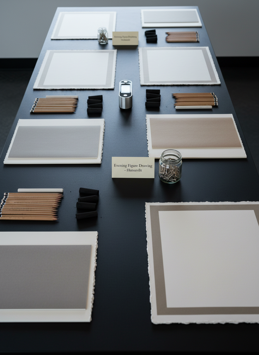 An overhead photographic view of a long, matte-black studio table meticulously arranged for a figure drawing session, featuring pristine newsprint pads, toned sketchbooks, sharpened graphite pencils organized by hardness, compressed charcoal, and carefully aligned blending stumps. A stainless-steel timer, a folded schedule card labeled “Evening Figure Drawing – Huntsville,” and a small jar of bulldog clips add subtle narrative details. Cool, diffused ceiling light combines with a gentle side glow from an unseen window, creating soft reflections on metal surfaces and gentle shadows along the paper edges. The composition uses clean, modern aesthetics with sharp focus across the frame, suggesting order, professionalism, and readiness. The mood is calm, studious, and sophisticated, supporting the idea of inclusive sessions for all skill levels without any visible people or figures.