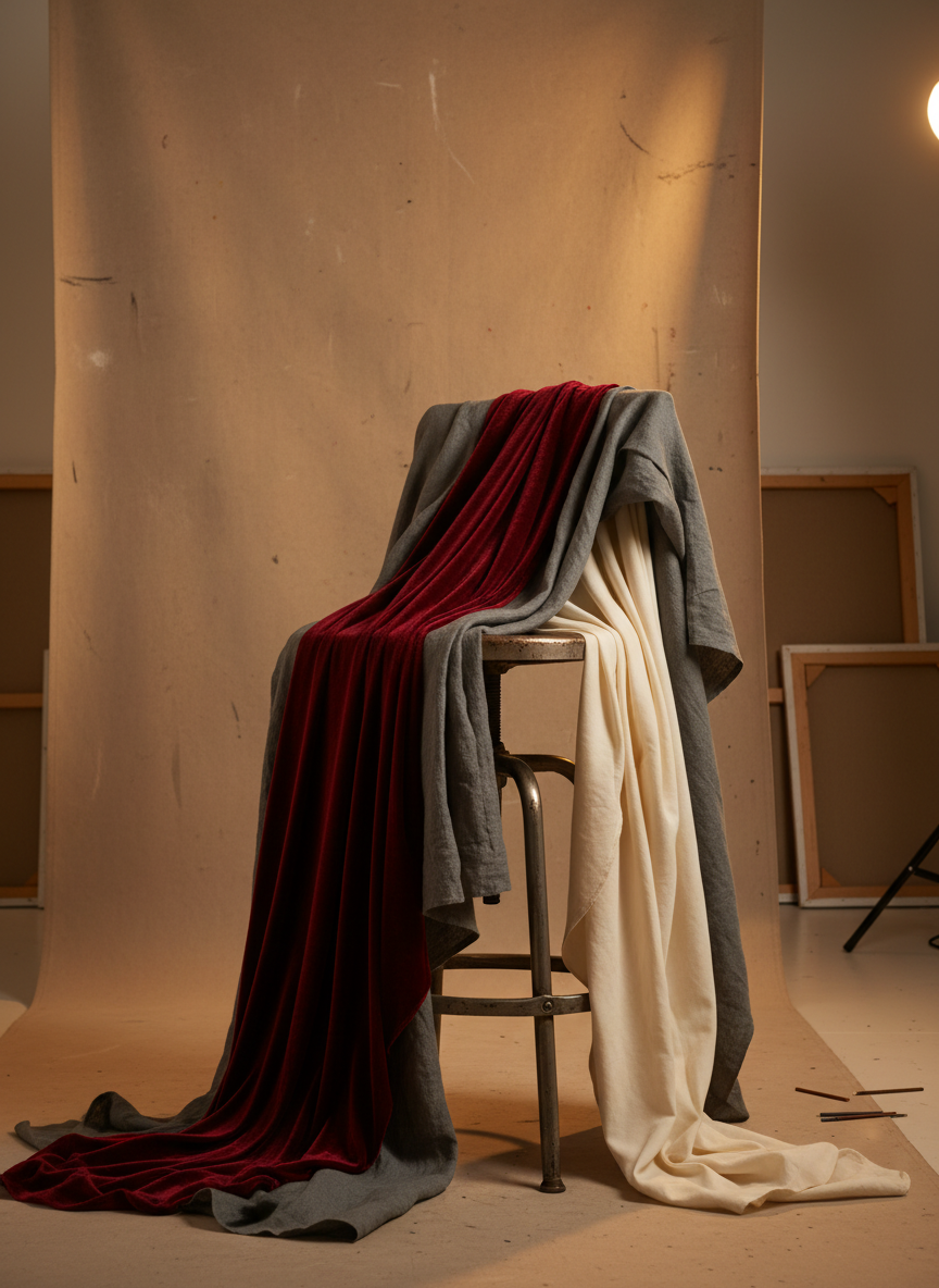 A refined corner of a figure drawing studio features a sturdy metal stool draped with rich, folded fabrics—velvet burgundy, slate-gray linen, and soft ivory cotton—arranged to suggest potential drapery studies without implying a body underneath. Behind the stool, a tall, neutral-toned backdrop sweeps gracefully to the floor, its surface showing subtle scuffs from years of artistic use. Warm, directional studio lights from above and slightly behind create elegant gradients of light and shadow across the folds. The scene is photographed at a three-quarter angle, with crisp focus and minimal background clutter, conveying an atmosphere of quiet preparation. The overall mood is sophisticated and professional, emphasizing the materials and stagecraft behind Huntsville’s live figure drawing sessions, while remaining completely free of human presence.