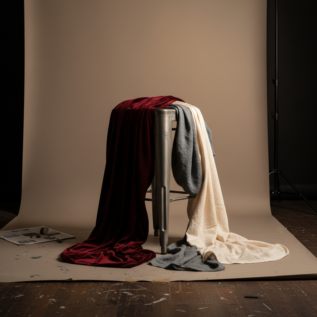 A refined corner of a figure drawing studio features a sturdy metal stool draped with rich, folded fabrics—velvet burgundy, slate-gray linen, and soft ivory cotton—arranged to suggest potential drapery studies without implying a body underneath. Behind the stool, a tall, neutral-toned backdrop sweeps gracefully to the floor, its surface showing subtle scuffs from years of artistic use. Warm, directional studio lights from above and slightly behind create elegant gradients of light and shadow across the folds. The scene is photographed at a three-quarter angle, with crisp focus and minimal background clutter, conveying an atmosphere of quiet preparation. The overall mood is sophisticated and professional, emphasizing the materials and stagecraft behind Huntsville’s live figure drawing sessions, while remaining completely free of human presence.